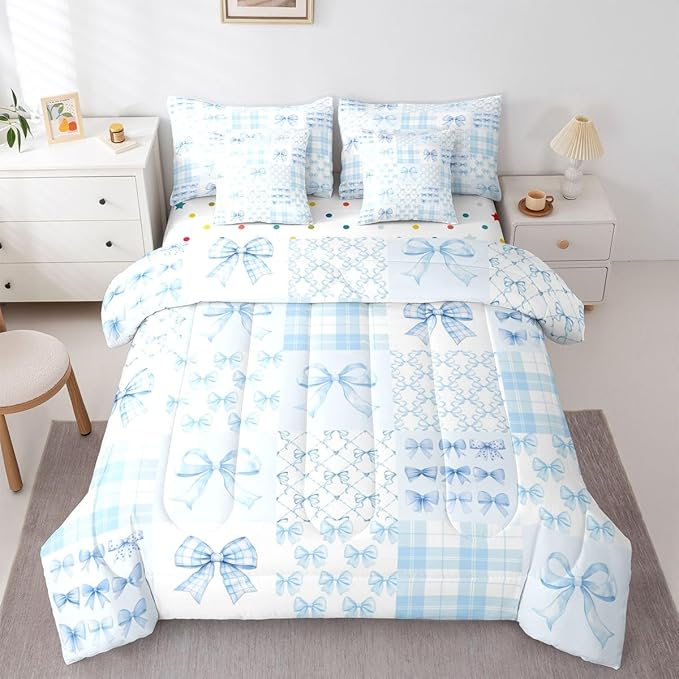 Feelyou Blue Bow Comforter Set Full Size 7 Pieces Cute Bowknot Bedding Set for Kids Boys Girls Bow Plaid Grid Bed in a Bag with Comforter, Sheets, Pillowcases, Cushion Covers Princess Decor