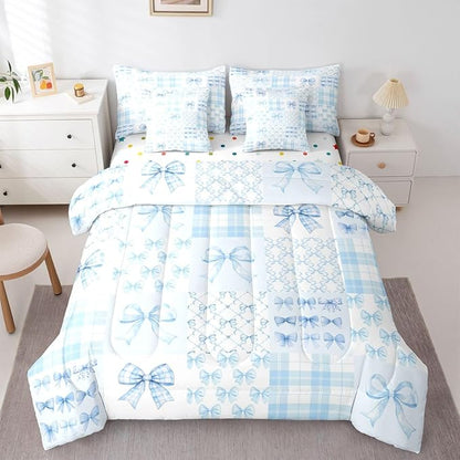 Feelyou Blue Bow Comforter Set Full Size 7 Pieces Cute Bowknot Bedding Set for Kids Boys Girls Bow Plaid Grid Bed in a Bag with Comforter, Sheets, Pillowcases, Cushion Covers Princess Decor