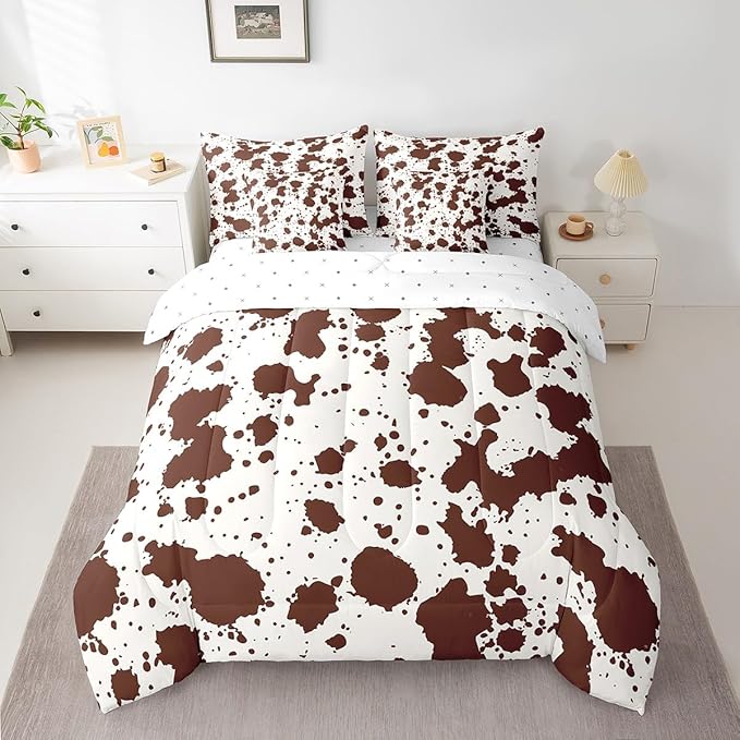 7 Pieces Brown Cow Print Bedding Twin Size Farmhouse Animal Comforter Set, Wildlife Cowhide Fur Bedding Comforter Sets Modern Abstract Aesthetic Bed in a Bag, Highland Cow Skin Hair Bedding