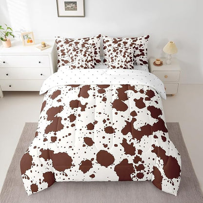 Brown Cow Print Queen Comforter Set 7pcs Farmhouse Animal Bedding Comforter Sets, Wildlife Cowhide Fur Bed in a Bag Modern Abstract Aesthetic Bedding Set, Highland Cow Skin Hair Bed Sheets Set
