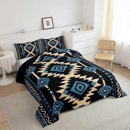 Feelyou Western Comforter Set Blue Black Southwestern Aztec Toddler Size Bedding Set Country Tribal Native American Rustic Duvet Quilt