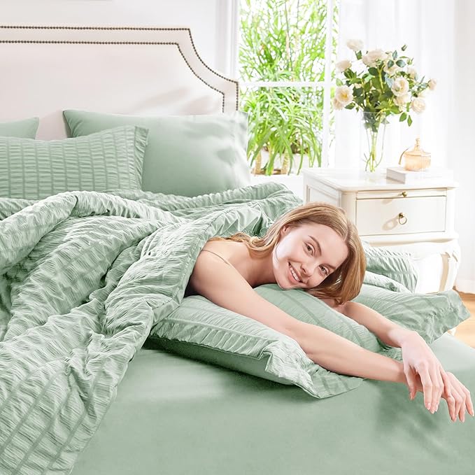 CozyLux Full Size Comforter Sets with Sheets Seersucker 7 Pieces Sage Green Bed in a Bag Textured Luxury Soft Bedding Set with Down Alternative Comforter, Sheets, Pillowcases & Shams for All Seasons