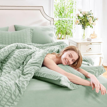 CozyLux Full Size Comforter Sets with Sheets Seersucker 7 Pieces Sage Green Bed in a Bag Textured Luxury Soft Bedding Set with Down Alternative Comforter, Sheets, Pillowcases & Shams for All Seasons