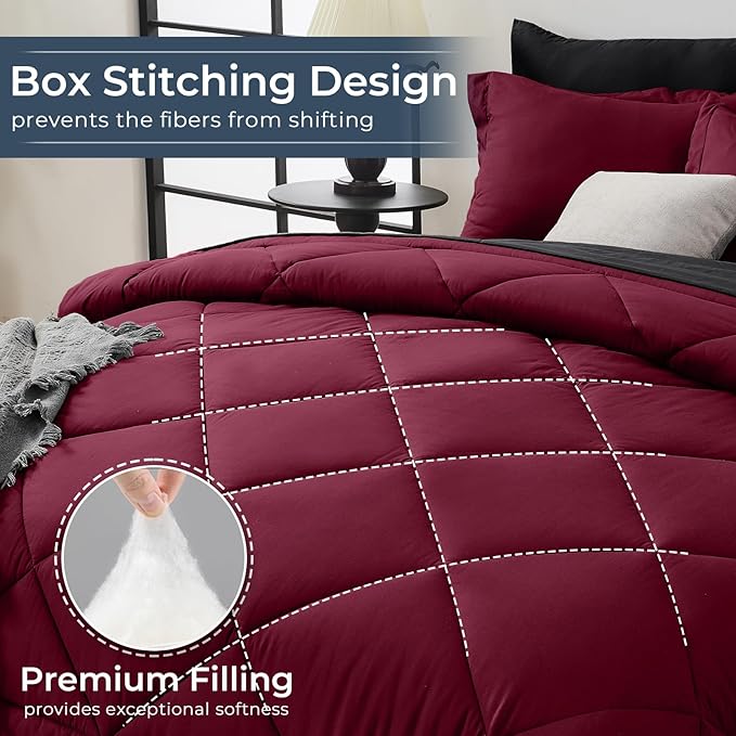 HEVUMYI Red & Black Queen Comforter Set - 7-Piece All Season Burgundy Bed in a Bag Queen, Ultra Soft Bedding Set with Comforter, Flat Sheet, Fitted Sheet, Pillowcases, Pillow Shams, Burgundy