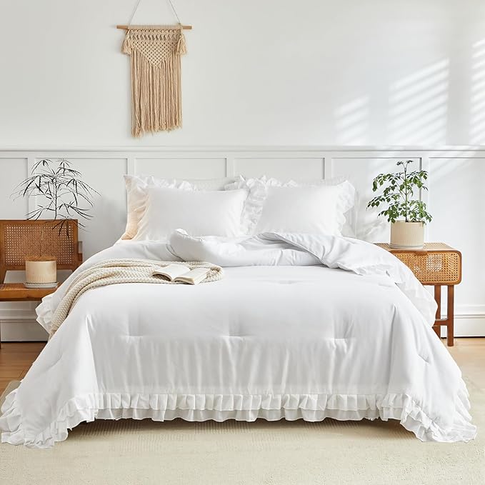 White Ruffled Comforter Set Twin Size, 3 Pieces (1 Ruffled Comforter and 2 Pillowcases) Farmhouse Shabby Chic Style with 2 Layers Ruffle, Solid Color Lightweight Soft Fluffy Bedding Sets for Kids