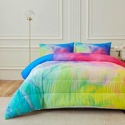 Rainbow Marble Comforter Sets,Texture in Rainbow Colors. Acrylic Painting with Bright Pink, Blue, Green and Yellow Colors.Decorative Bedding Comforter Sets with 2 Pillow Shams, Twin Size