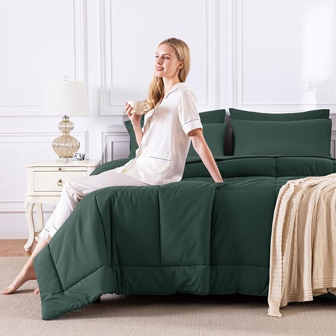 CozyLux Queen Comforter Set Forest Green, 7 Pieces Bed in a Bag, Green Comforter Queen Size, All Season Bedding Sets with Stitch Quilted Comforter, Flat Sheet, Fitted Sheet, Pillowcases