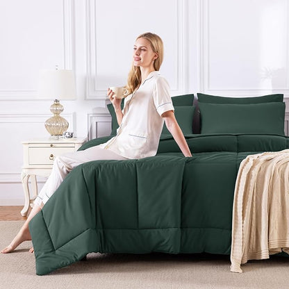 CozyLux Full Size Comforter Sets Forest Green, 7 Pieces Bed in a Bag, Green Comforter Full Size, All Season Bedding Sets with Stitch Quilted Comforter, Flat Sheet, Fitted Sheet, Pillowcases