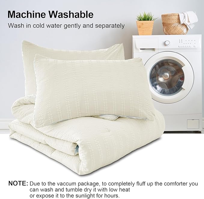 Boho Comforter Set King Size Striped Pleats Bohemian Seersucker Bedding Set All Season Soft Cozy 3 Pieces Quilt with 2 Pillowcases(104"X90" White)