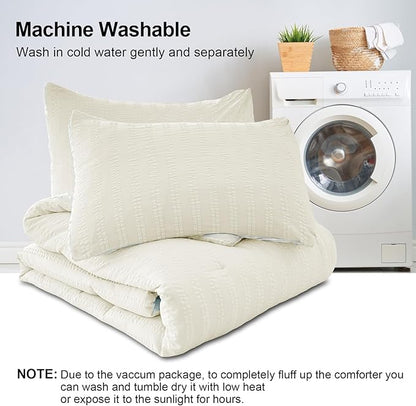 Boho Comforter Set Full Size Striped Pleats Bohemian Seersucker Bedding Set All Season Soft Cozy 3 Pieces Quilt with 2 Pillowcases(80"X90" White)