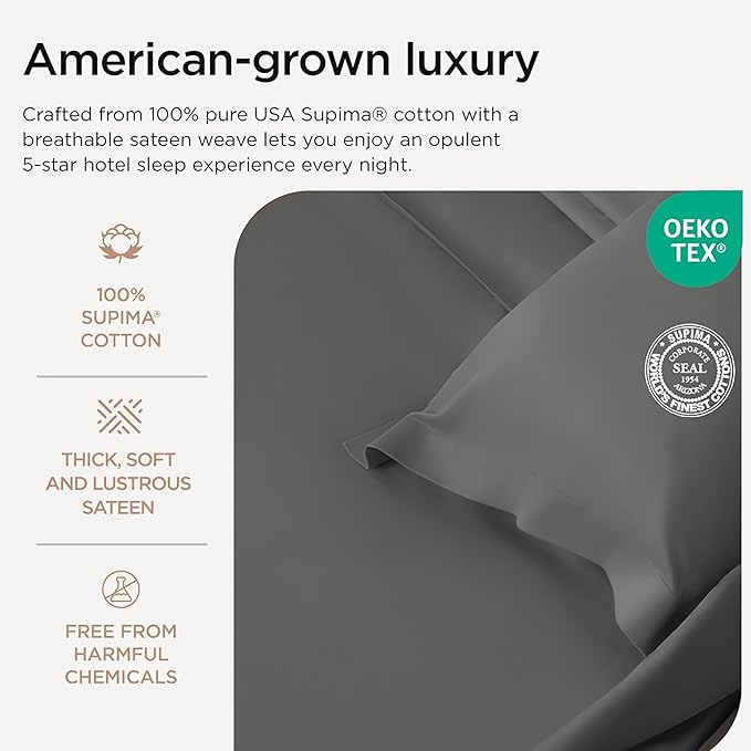Threadmill Certified 100% American Supima Cotton Luxury Sheets, California-King Sheets, 1000 Thread Count Sateen Weave, 4 Pc Bed Sheets Set, Dark Grey Sheet with Elasticized Deep Pocket