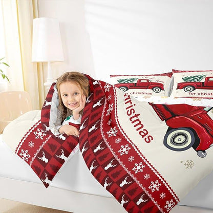Red Xmas Truck Comforter Set Twin Size,Geometric Snowflake Antlers Plaid Bedding for Winter Room Decor,Merry Christmas Tree Quilted Duvet Vintage Trailer Bedspread,2pcs(CLS56ZMDI-BZ_USt)