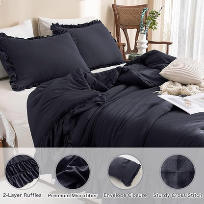 Masaca Ruffled Comforter Set King,Farmhouse Shabby Boho Chic Bedding Comforter Vintage Aesthetic Rustic Bedding 3 Pieces (1 Dark Grey Ruffle Comforter and 2 Pillowcases)