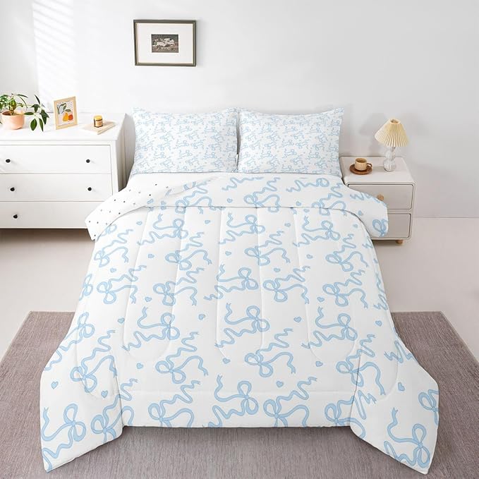 Blue Bow Print Comforter Sets Full Size,Girl Cartoon Love Heart Bedding Set 3Pcs for Kids Girls Women Room Decor,Kawaii Princess Style Quilted Duvet Girly Sweet Down Comforter,2 Pillowcases