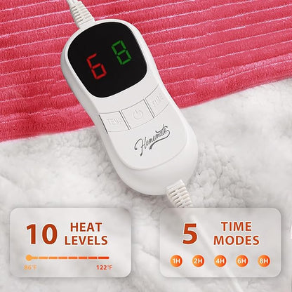 Homemate Electric Heated Blanket Twin Size - 62"x84" Heating Blanket Twin Size 1/2/4/6/8 Hours Auto-Off 10 Heat Level Over-Heat Protection Soft Flannel Sherpa ETL Certification