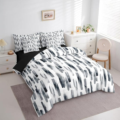 Erosebridal 7Pcs Black and White Queen Size Comforter Set,Gray Art Abstract Striped Bed in A Bag for Women Men Adults,Boho Graffiti Watercolor Modern Bedding with Bed Sheets,Geometric Quilt Set