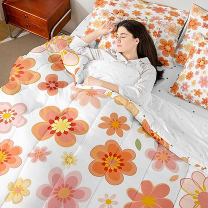 Erosebridal 70S Retro Flowers Bed in A Bag Queen | Bohemia Cartoon Funky 7 Piece Comforter Set Vintage Autumn Floral Sheet Set Reversible Pastoral Style Fitted Sheet Breathable Lightweight