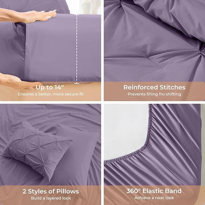 Sasttie Twin Comforter Set, 5-Piece Bed in a Bag, Pintuck Bedding Sets for All Season, Includes Comforter, Flat Sheet, Fitted Sheet, Pillowcase and Pillowsham, New Purple