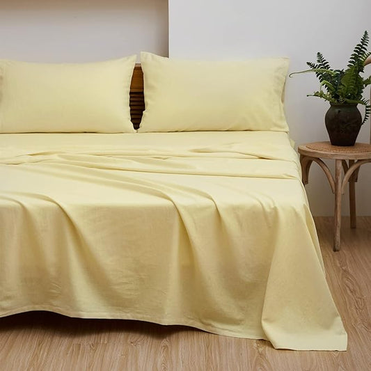 Simple&Opulence Belgian Linen Sheet Set Solid Color - 4 Pieces (1 Flat Sheet, 1 Fitted Sheet & 2 Pillowcases) Natural Flax Cotton Blend Soft Breathable Farmhouse Bedding - Queen Size, Pale Yellow