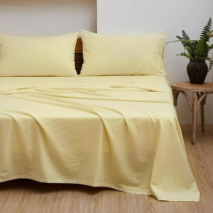 Simple&Opulence Belgian Linen Sheet Set Solid Color - 3 Pieces (1 Flat Sheet, 1 Fitted Sheet & 1 Pillowcase) Natural Flax Cotton Blend Soft Breathable Farmhouse Bedding - Twin Size, Pale Yellow