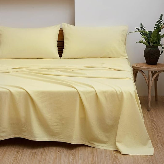 Simple&Opulence Belgian Linen Sheet Set Solid Color - 3 Pieces (1 Flat Sheet, 1 Fitted Sheet & 1 Pillowcase) Natural Flax Cotton Blend Soft Breathable Farmhouse Bedding - Twin Size, Pale Yellow