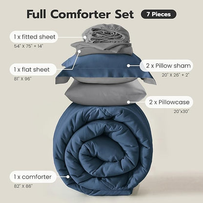 Joiedomi Queen Comforter Set with Sheets Navy Blue, 7 Pieces Queen Bed Set with 1 Down Alternative Comforter, 1 Flat Sheet, 1 Fitted Sheet, 2 Pillowcases and 2 Pillow Shams, Bed in a Bag All Seasons