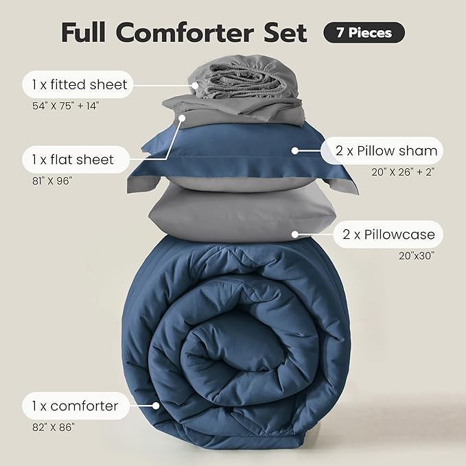 Joiedomi Full Size Comforter Set with Sheets Navy Blue, 7 Pieces Full Size Bed Set with 1 Down Alternative Comforter, 1 Flat Sheet, 1 Fitted Sheet, 2 Pillowcases and 2 Pillow Shams, Bed in a Bag