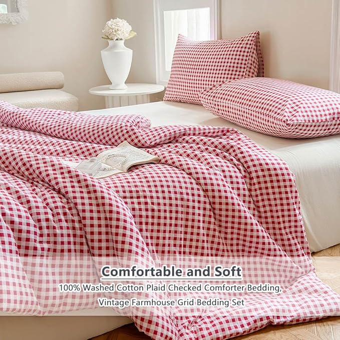 NSNLGSGC Red Gingham Cotton Comforter Set Queen, 100% Washed Cotton Plaid Checked Comforter Bedding, 3 Pieces Vintage Farmhouse Grid Bedding Set(Red Gingham, Queen)