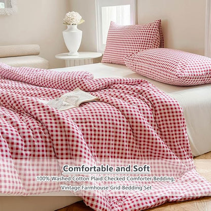 NSNLGSGC Red Gingham Cotton Comforter Set Queen, 100% Washed Cotton Plaid Checked Comforter Bedding, 3 Pieces Vintage Farmhouse Grid Bedding Set(Red Gingham, Queen)
