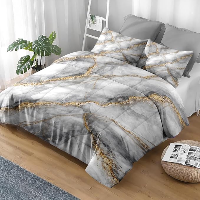 Comforter Set Full Size, Marble Black Gold Stone Soft 3 Pcs Bedding for Kids and Adults, Gray Vintage Retro Comforter Set with Pillowcase, for Bedroom Bed Decor