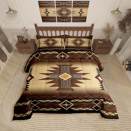 Southwest Bedding Set Full Size,Geometric Aztec Tribal Pattern Comforter Set Vintage Striped Western Quilt Set for Kids Girls Boys Adult Room Decor,Rustic Brown Duvet Insert,2 Pillowcases