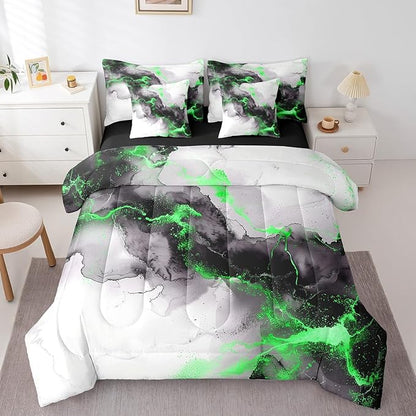 Black and Green Marble Bedding Comforter Sets 7 Pieces Modern Marbling Bed in a Bag, Mountain Fluid Twin Bedding Sets Grey Aesthetic Comforter Set, Abstract Art Bedding Sets Boys Girls Room Decor