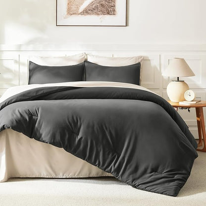 Litanika Comforter Set Dark Grey Oversized King Size, 3 Pieces Lightweight Solid Bedding Comforter Set, All Season Fluffy Bed Set (120x98In Comforter & 2 Pillowcases)