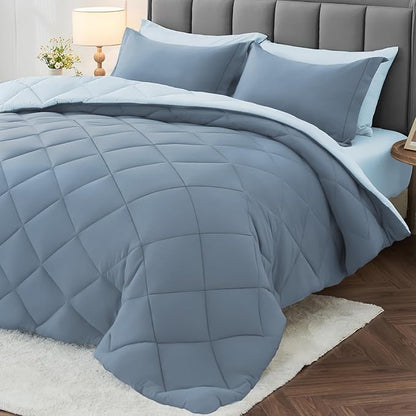 MUXHOMO 7 Pieces King Comforter Set, Reversible Bed in a Bag King Size, All Season Bedding Set with Comforter, Flat Sheet, Fitted Sheet, Pillowcases & Shams, Mineral Blue & Light Blue