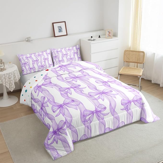 Bow Ribbon Bedding Sets King Size,Purple Bowknot Stripes Girl Comforter Set 3Pcs for Kids Woman Youth Room Decor,Girly Butterfly Tie Quilted Duvet Dreamy Princess Style Down Comforter,2 Pillowcases