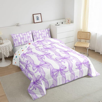 Bow Ribbon Bedding Sets King Size,Purple Bowknot Stripes Girl Comforter Set 3Pcs for Kids Woman Youth Room Decor,Girly Butterfly Tie Quilted Duvet Dreamy Princess Style Down Comforter,2 Pillowcases