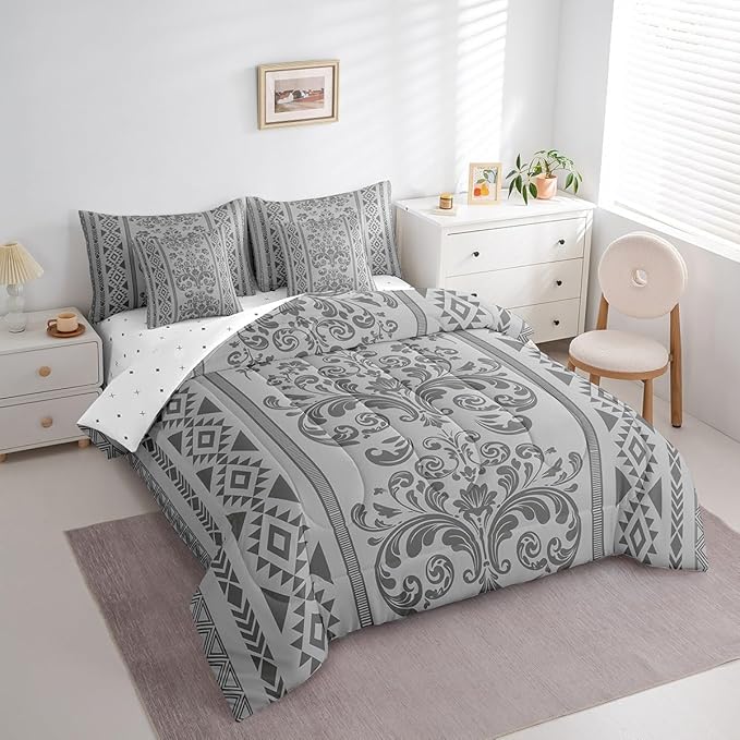 Comforter Set Twin Size, Grey Damask Aztec 7 Pcs Bedding for Kids and Adults, Antique Decor Western Baroque Gothic Floral Bed Sheet Sets with Fitted Sheet 2 Pillowcases & 2 Shams for Bedroom Bed Decor
