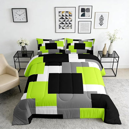 Castle Fairy Green Grey Black Comforter Set,Modern Abstract Down Alternative Adults Bedroom Decor,Geometric Grid Square Splicing Ultra Soft Microfiber Inner Fill 3Pcs Bedding Queen Size