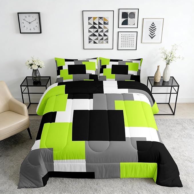Castle Fairy Green Grey Black Twin Size Comforter Set,Geometric Grid Square Splicing Quilt Set Soft Bed Collection,Modern Abstract Bedding Comforter for Boys Girls Room Decor,2 Pcs