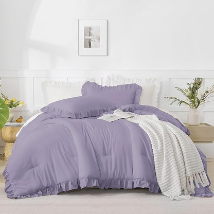 Andency Greyish Lavender Purple Full Size Comforter Set, 3 Pieces(1 Ruffle Comforter and 2 Pillowcases) Lightweight Fluffy Bedding Comforter Sets Full Bed, All Season Soft Microfiber Bedding Set