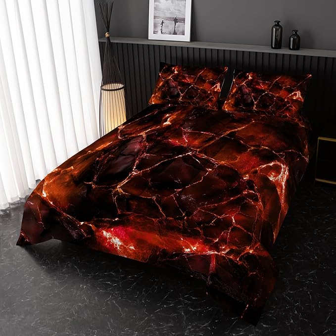 Orange Comforter Set King Size，Orange Marble Bedding Set 3 Pcs Bedding for Adults, Marble Room Decor with Comforter and 2 Pillowcases Soft and Lightweight B-Side Black