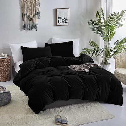 KAREVER Black Velvet Comforter Set Twin Flannel Kids Velvet Bedding Comforter Set 3 PCs Warm Soft Solid Black Twin XL Flannel Comforter Winter Blanket Set