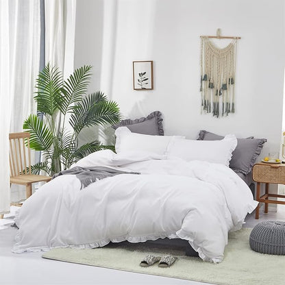 Cottonight Ruffle White Comforter Set California King Farmhouse Shabby Bedding Comforter Set Ruffled Friange White Blanket Quilts Soft Breathable Bedding Set for Cal King Bed