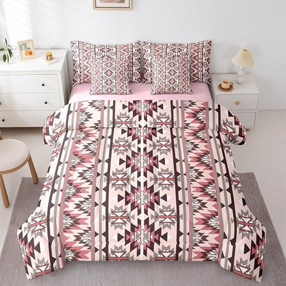 Erosebridal Pink Southwestern Bedding Set King 7 Piece Exotic Aztec Nordic Style Comforter Set Western Ethnic Geometric Stripes Bed in A Bag for Adults Rustic Tribal Native Bohemian Decor