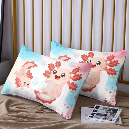 HOSIMA Cute Cartoon Axolotl Comforter Set for Kids Bedroom Decor, Colorful Background Kawaii Bedding Queen Size with 2 Pillowcases.