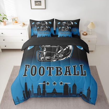 Erosebridal American Soccer 7 Piece Bedding Set Football City Twin Comforter Set with Sheets for Kids Boys Teen,Rugby Sports Games Bed in A Bag Black Blue Sheet Set with Comforter