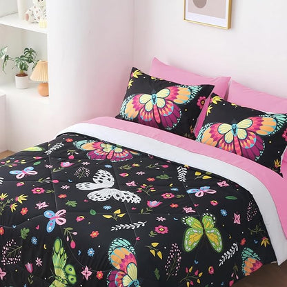 Kids Butterfly Comforter Set Full Size for Girls Colorful Flowers Leaves Bedding Set for Teens Black 7 Piece Bed in A Bag Super Soft All Season