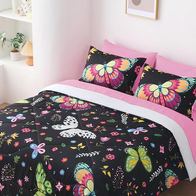 Girls Butterfly Comforter Set Twin Size Colorful Flowers Leaves Bedding Set for Kids Teens Black 7 Piece Bed in A Bag Super Soft All Season