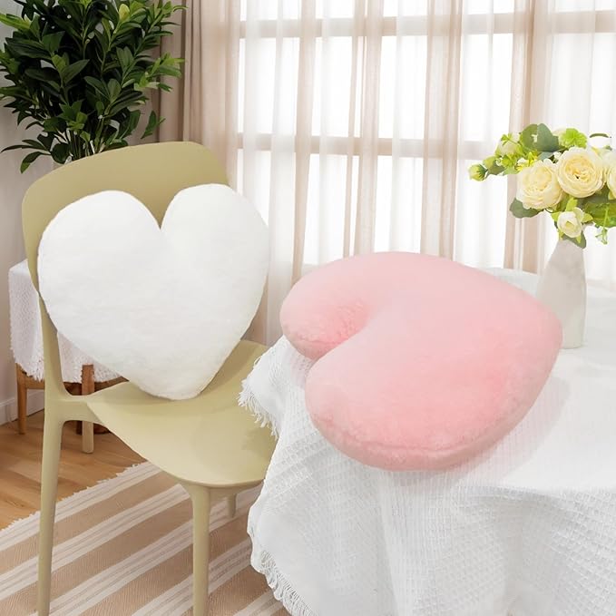2 Pcs White Heart Pillow Decorative Throw Pillows 16-inch Cute Soft Fluffy Heart Shaped Pillows for Bed Couch Sofa Bedroom Living Room Decor Aesthetic (Milk White, 16"x13.78")