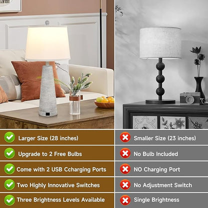 Terpsichore Nightstand Lamp Bedside Lamps Set of 2 Vintage Rustic Farmhouse Table Lamp 3 Way Dimmable Horizontal Stripe Light,for Living Room Bedroom,USB A+C (White, High 27 Inch)